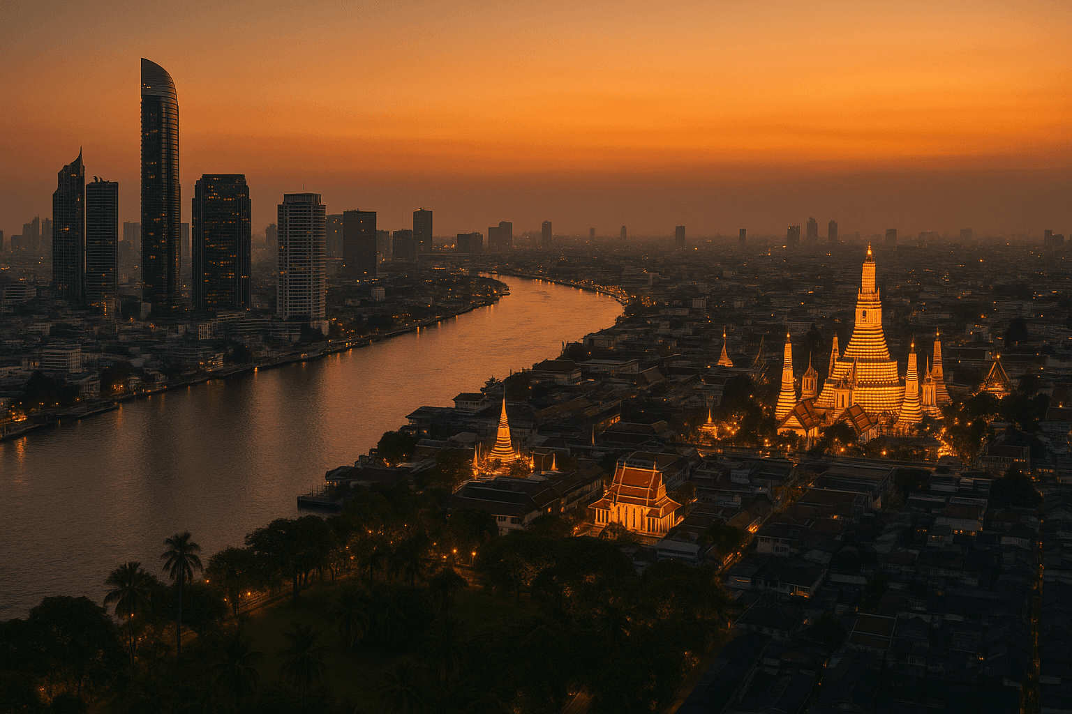 ภาพมุมสูงกรุงเทพช่วงพระอาทิตย์ตก แม่น้ำเจ้าพระยา ตึกระฟ้า และวัดอรุณ