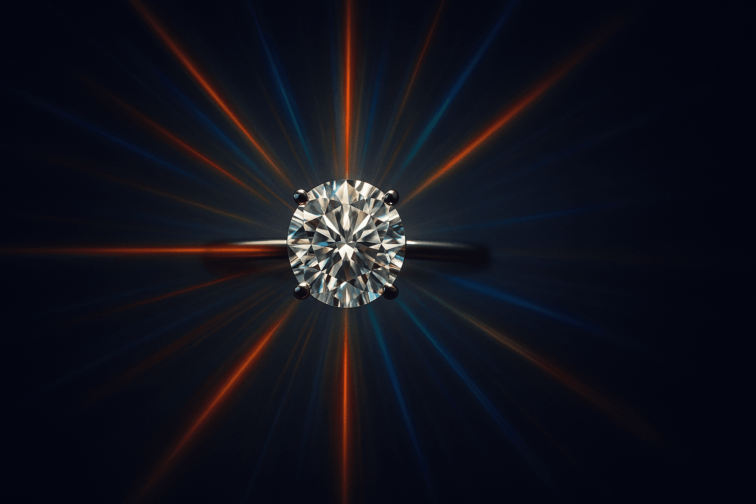 แหวนเพชรเดี่ยวบนพื้นมิดไนต์อินดิโก พร้อมแสงรุ้งกระจายเป็นรัศมีรอบเม็ดเพชร