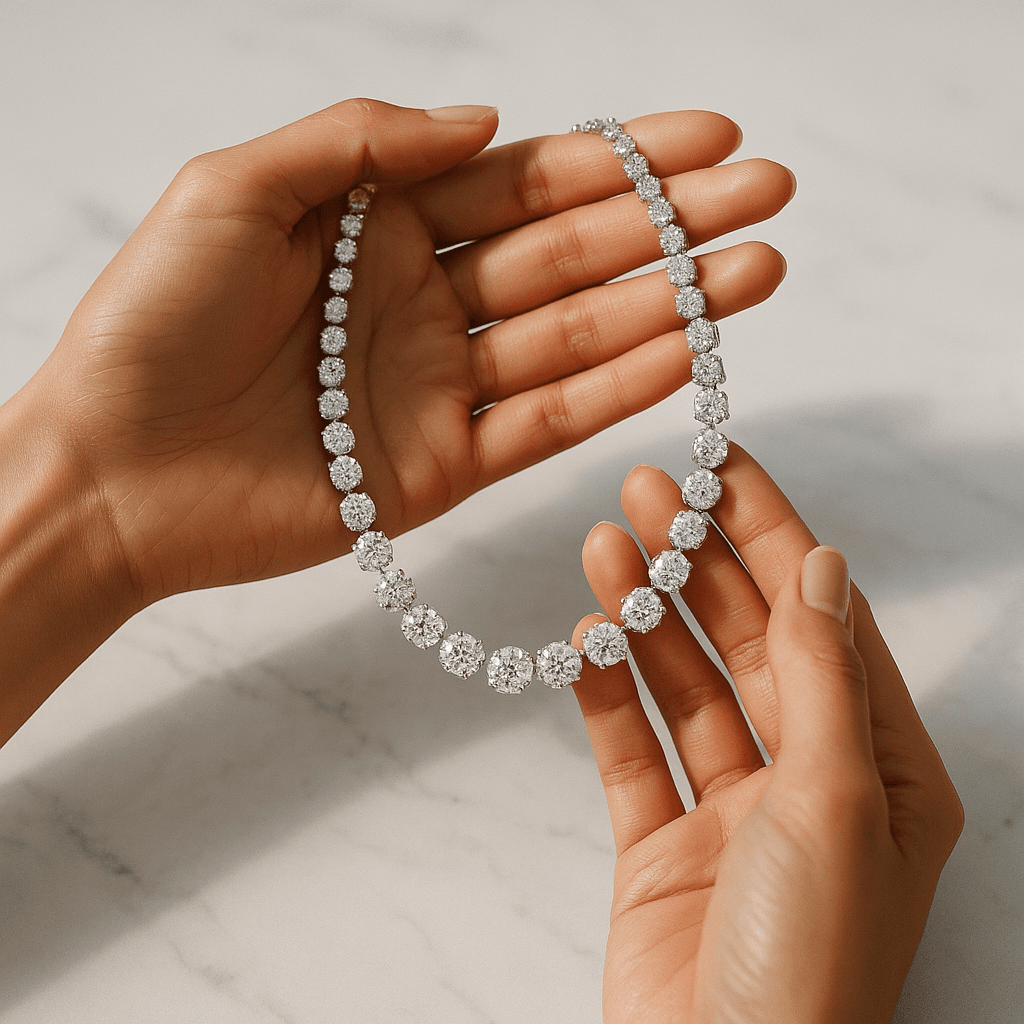 Diamond necklace held over marble